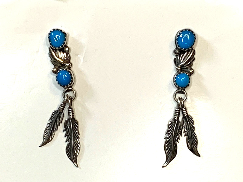 925 Sterling VTG Navajo Rita & Mike Begay Turquoise Feather Earrings 3”