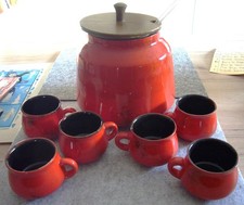 BOWLE - SET MIT 6 BECHERN UND KELLE ROT - SCHWARZ, STEINGUT, gebr.