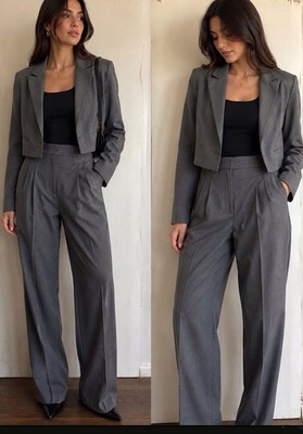 Express Cropped Grey Blazer Sz M And High Waisted Wide Leg Sz 6R Set