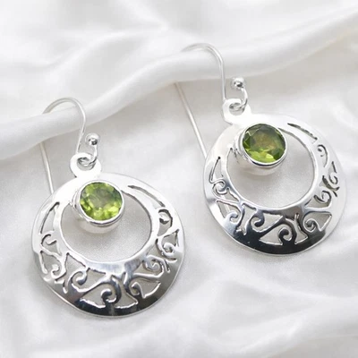 Peridot Ohrringe Silber 925 Ohrhänger 35mm Hell Grün Cutstone 5mm filigran - Bild 1 von 4