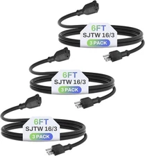 BN-LINK 3 Pack 6ft Indoor Outdoor Extension Cord 16/3 SJTW, Black, 3-Prong