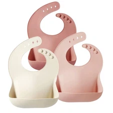 Set of 3 Silicone Bibs for Babies & Toddlers,Soft Adjustable Bibs with Pocket