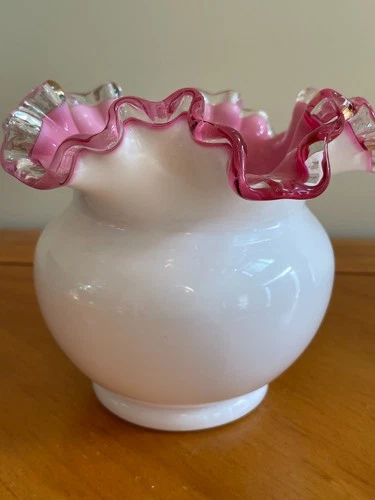 Vintage Fenton 1940-67 Large Milk Glass Peach Silver Crest Ruffled Bowl