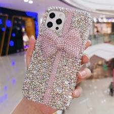 Handmade Gorgeous Rhinestone Pink Bow Case for iPhone 17 16 15 14 13 12 Pro Max