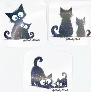 3 Cute Cat & Kittens Sticker Set Waterproof Laminated Holographic Art HealyClark