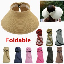 For Women Summer Straw Hat Visor Fold able Roll Up Wide Brim Open Top Sun Cap