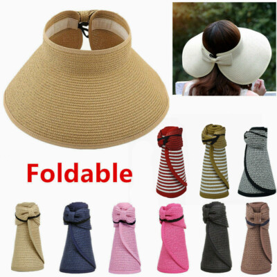 For Women Summer Straw Hat Visor Fold able Roll Up Wide Brim Open Top Sun Cap