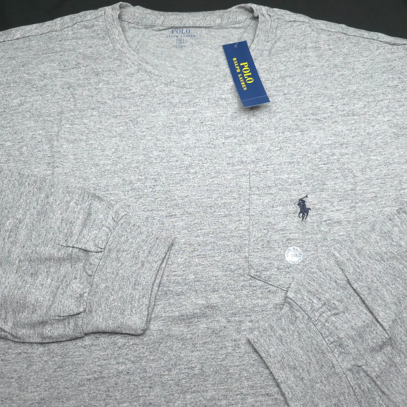 POLO RALPH LAUREN CREW T-SHIRT -2XB BIG XXL GRAY -LONG SLEEVE POCKET -BLACK PONY