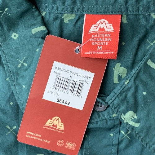 EMS Eastern Mountain Sports Men Size Medium Shirt Button Down Green Canoe Print - Picture 9 of 10