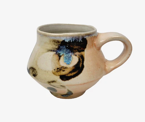 Studio Art Pottery Mug Drip Glaze Blue Brown Orange Southwestern Style 3.75”