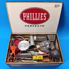 Junk Drawer Lot Cigar Box Collectible Vintage Advertising Misc 60 Plus Pieces
