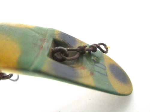 Wooden Helin Flatfish LU Fishing Lure 3" RARE FROG COLOR 4 Hooks Vtg AZ42 - Picture 6 of 6