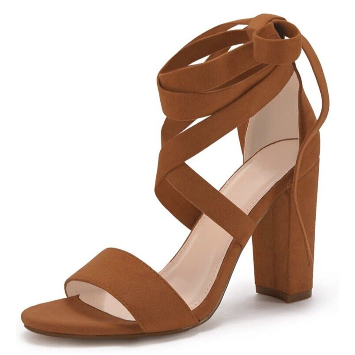 Womens High Heel Lace Up Strappy Suede Sandals Size Brown Camel Block Heel