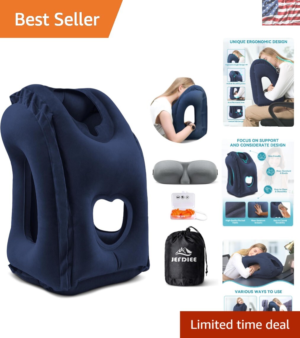 Ultimate Inflatable Travel Pillow in Solid Blue with Eye Mask and Ear Plugs-image