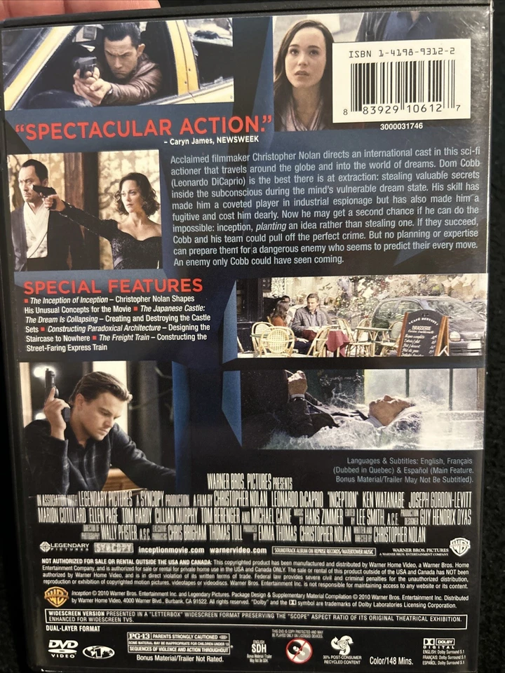 Inception (DVD, 2010) Leonard DiCaprio Tom Hardy Ellen Page Christopher Nolan - Image 3 of 4