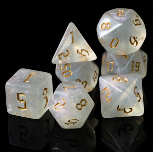 White Shimmer Acrylic Polyhedral Dice Set w/ Gold Gothic Font / TTRPG / D&D Dice - Picture 2 of 4