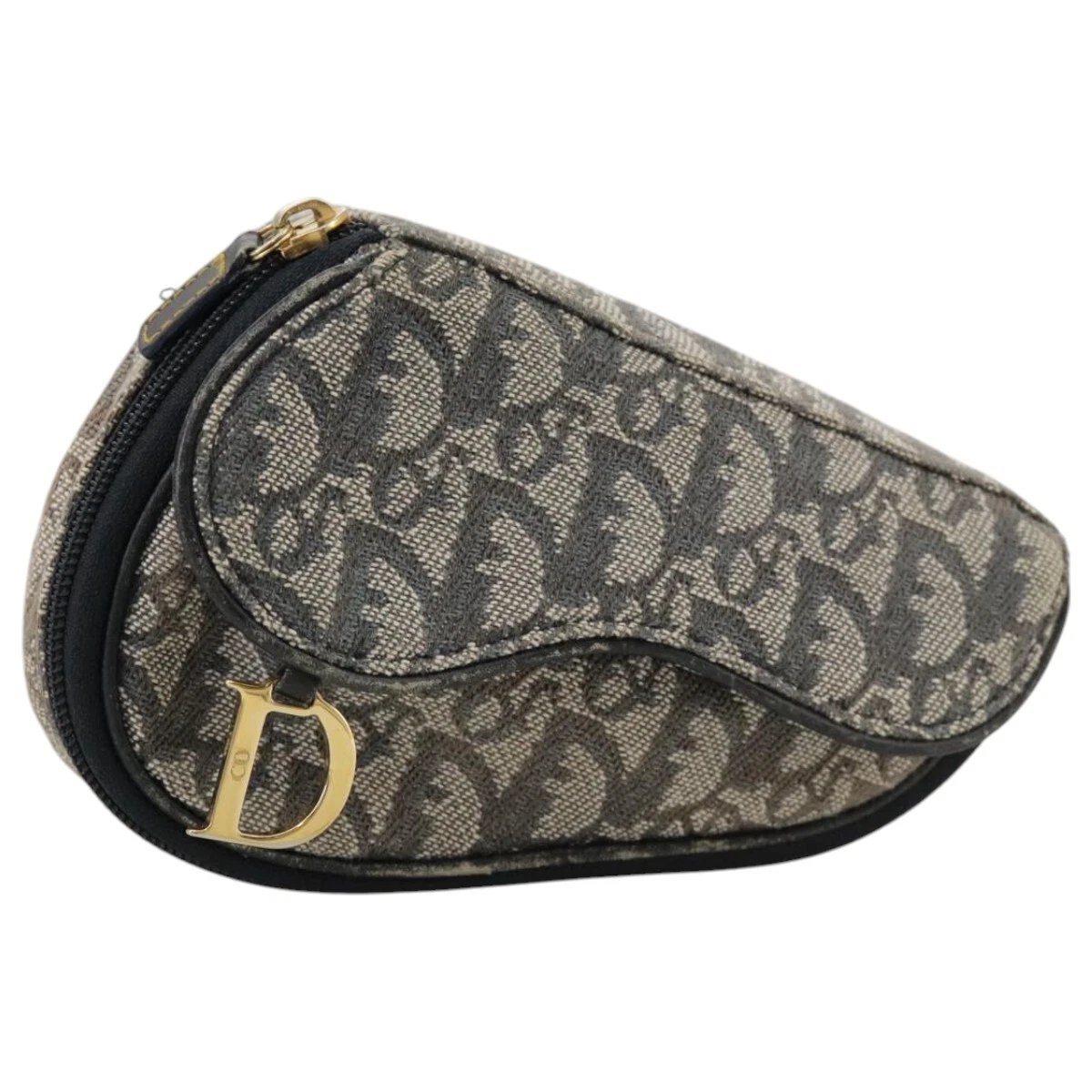 Pochette de selle toile Christian Dior trotteur bleu marine or authentique 101852