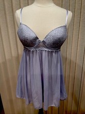 Victoria Secret Lavender Lace Mesh Babydoll Lingerie Nightgown Padded Bra. 36C.