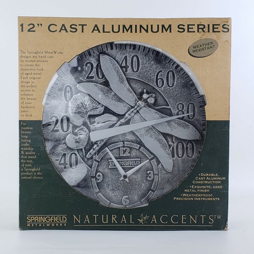 Rare New Vintage Springfield Dragonfly 12" Aluminum Metal Thermometer Clock