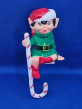 Vtg J.S.N.Y. Elf Pixie w/ Candy Cane Stocking Hanger Holder Hard Plastic Retro