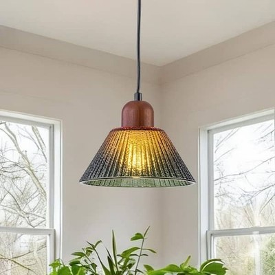 MENCOLULU 7.48 in. Vintage Black and Wood Pendant Light w/Gradient Green Glass