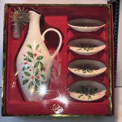 Lenox Christmas Holiday Holly Oil Cruet, Dipping Plates Set Dimension Collection