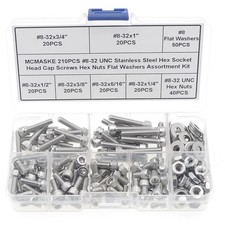 210PCS 8-32 UNC Stainless Steel Hex Socket Head Cap Screws Hex Nuts Flat Was...