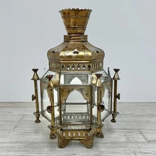 Vintage Moroccan Candle Lantern 16” Cut & Stamped Tin & Glass w/Chain /cb