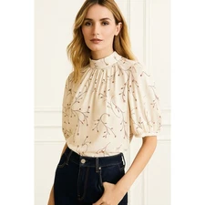 NWT JOIE Alfrie Botanical Print Puff Sleeve Blouse XS Aged White Chic