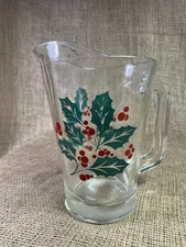 Vintage-Crisa Glassware Holly Berry Beverage Pitcher, 8 3/4”Tall 52 oz