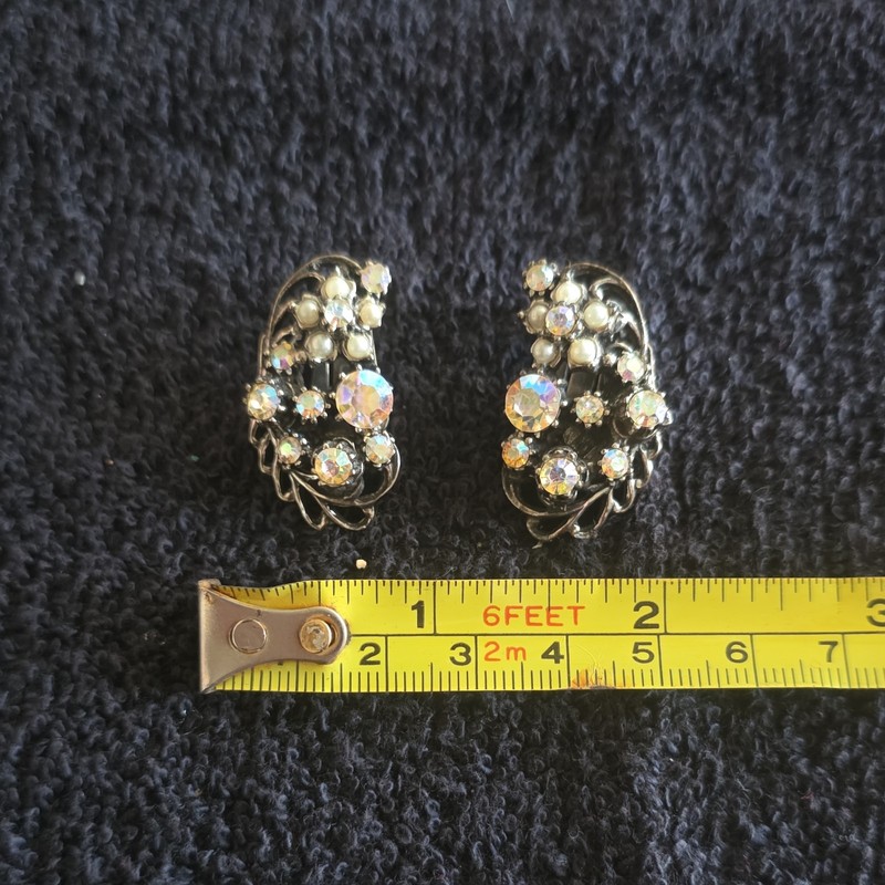 Vintage Florenza 1950's RARE Colorful Clip Earrings Silver tone Rhinestone 