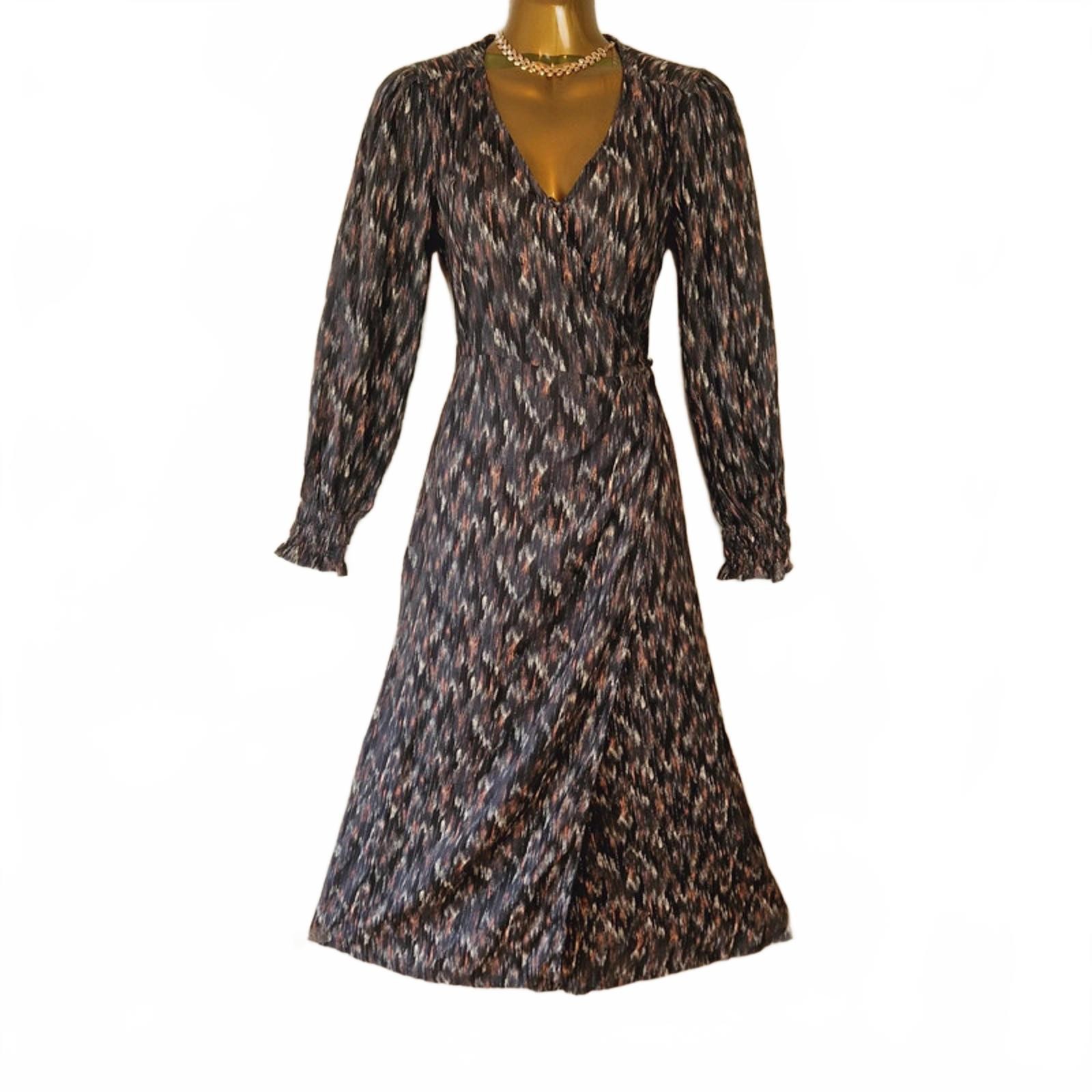 Fat Face UK 6 Abstract Midi Wrap Dress - Long Sleeve V-Neck