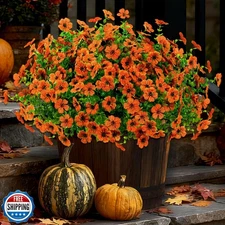 16 Bundles Artificial Mums Fall Flowers for Outdoors, Faux Fake Mums for Outd