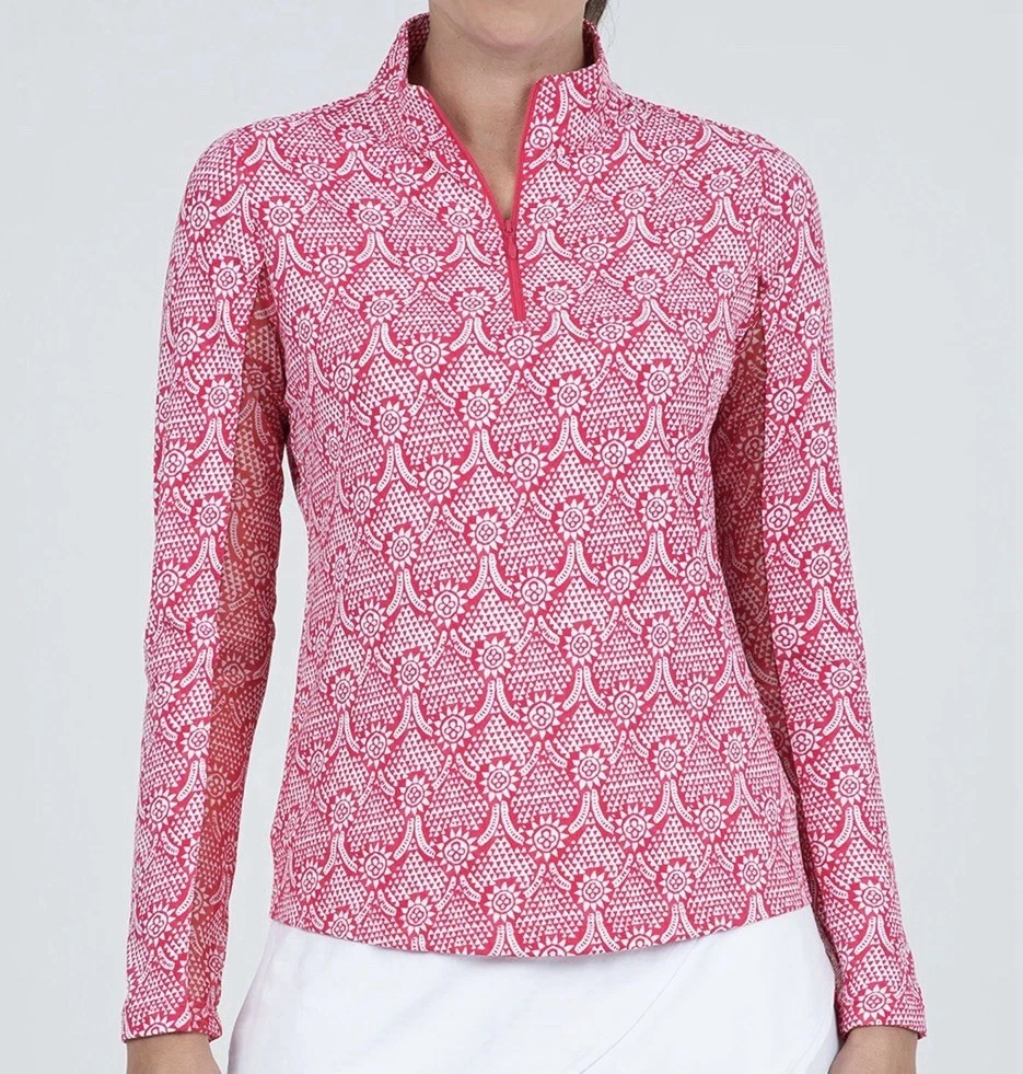 NEW IBKUL LESLIE WATERMELON PINK & WHITE Long Sleeve Mock Golf Shirt Medium