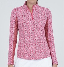 NEW IBKUL LESLIE WATERMELON PINK WHITE Long Sleeve Mock Golf Shirt Medium