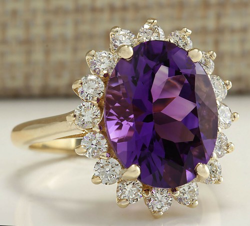 4.45Carats Oval Natural Amethyst Diamonds 14K Gold Finish Silver Woman's Ring - Picture 3 of 4