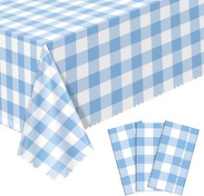 3 Pack Blue Gingham Tablecloths, 54 X 108Inch Scalloped Blue and White Checkered