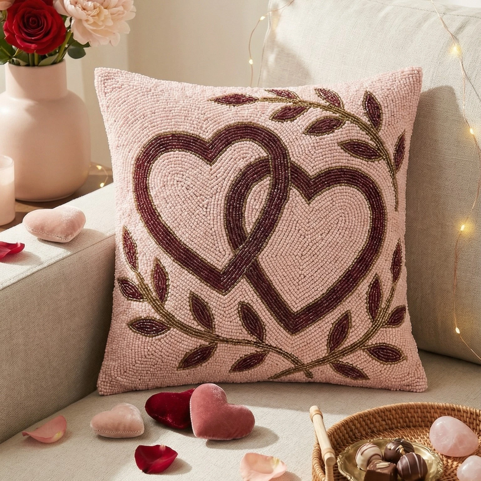Luxury Hand-Beaded Interlocking Heart Throw Pillow Cover | Love & Romance Decor
Opens in a new windo