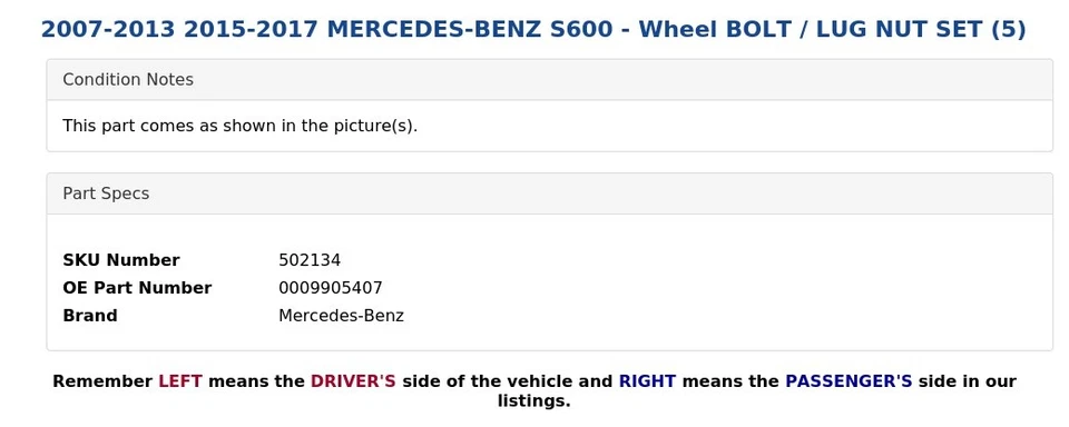 Mercedes-Benz S600 2007-2013 2015-2017 - Juego de pernos/tuercas de rueda (5) Foto 3 de 3