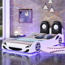 Alvantor Wood Twin Size Bed Frame, Race Car-Shaped Platform Bed LED Upholstered