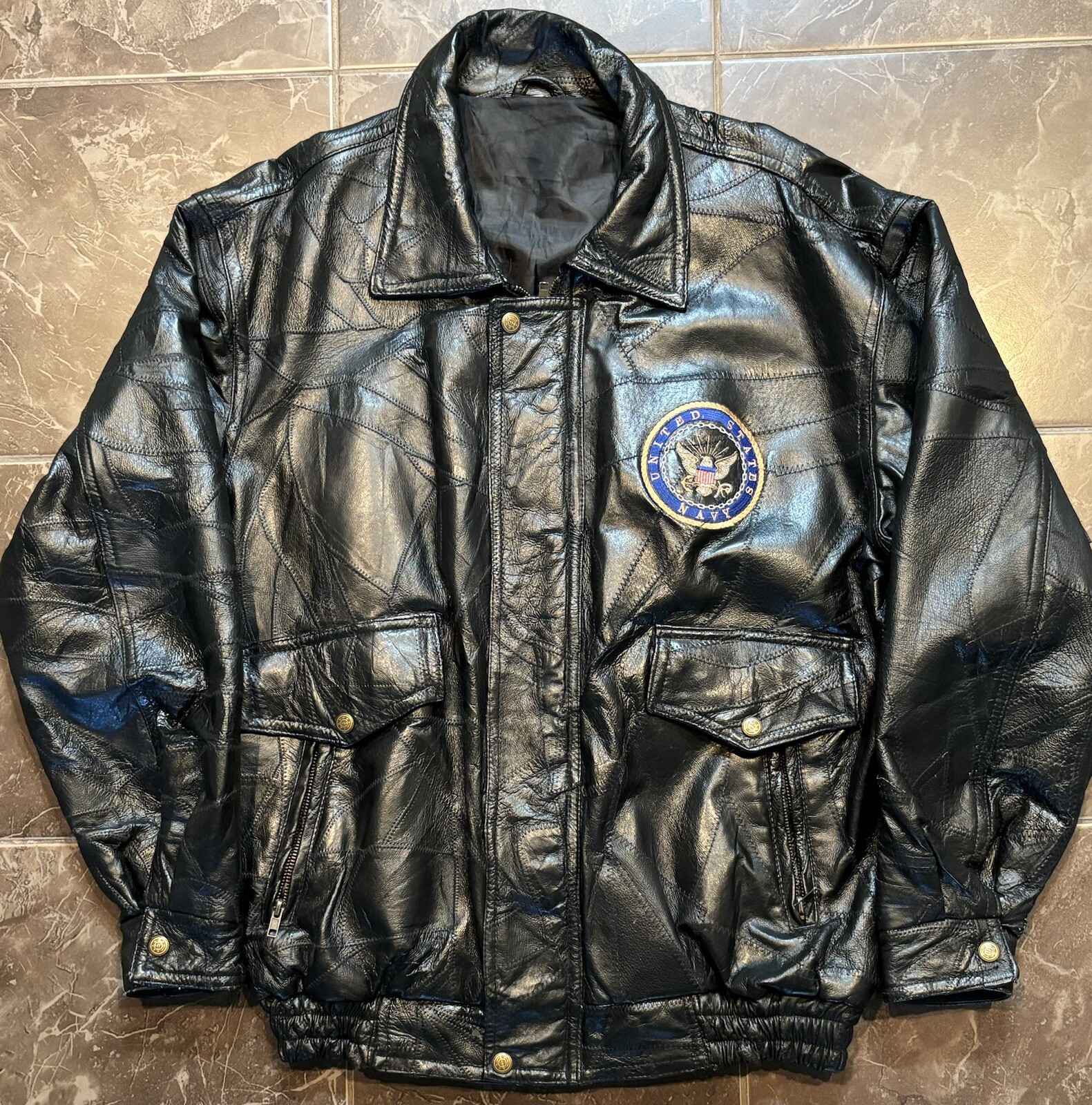 Vintage US Navy Leather Black Bomber Jacket Adult L Very Nice