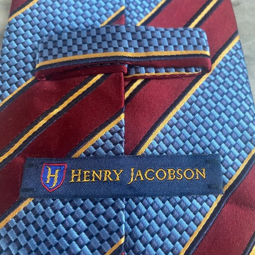 Henry Jacobson Blue Burgundy and Gold  Stripe Silk Blend Necktie Handmade~4" J18 - Picture 3 of 7