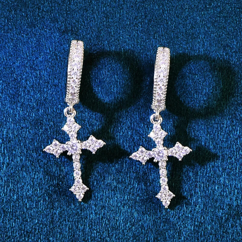 White Gold Plated Silver Iced Cz Cross Drop Dangle Hanging Huggie