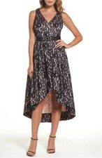  ELIZA J BELTED LACE HIGH/LOW BLACK/BLUSH DRESS sz  10