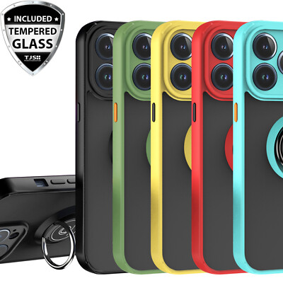 For iPhone 14 11 Pro Max Clear Ring Case Magnetic Stand Cover +Tempered Glass