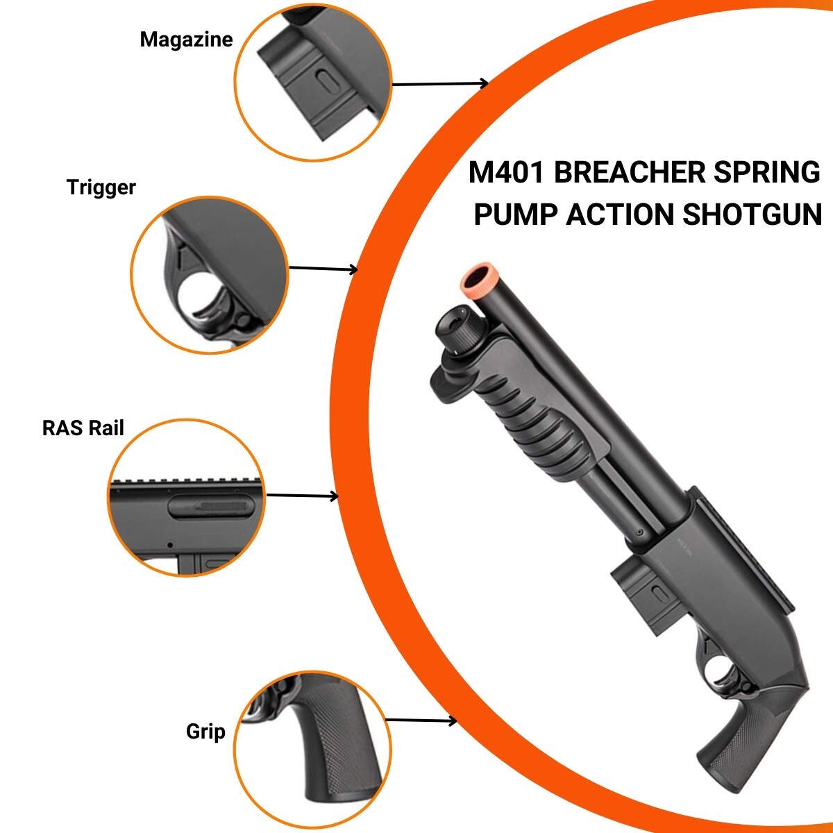 M401 Airsoft Shotgun Pump Action Spring Powered 400 FPS w