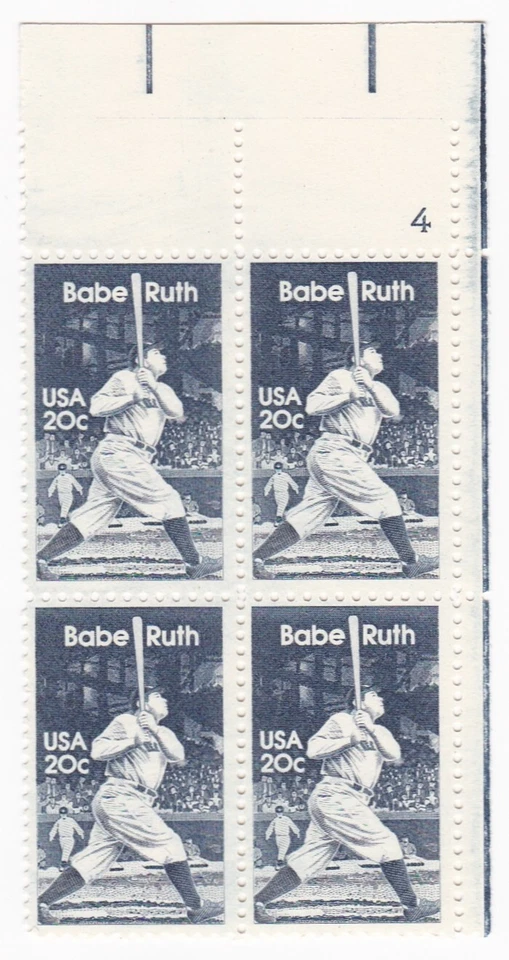 Plate Block of Four 1983 Babe Ruth 20c USA Stamps Mint NH Baseball Scott #2046 - Image 4 of 4