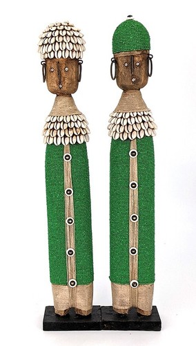Vintage Beaded Wooden Namji Pair - Cowrie Shells and Green Glass Beads