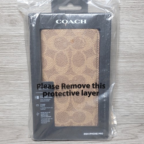 Coach iPhone 16 PRO Signature Canvas Sleek Wallet Folio Case Tan Designer New - Picture 7 of 8