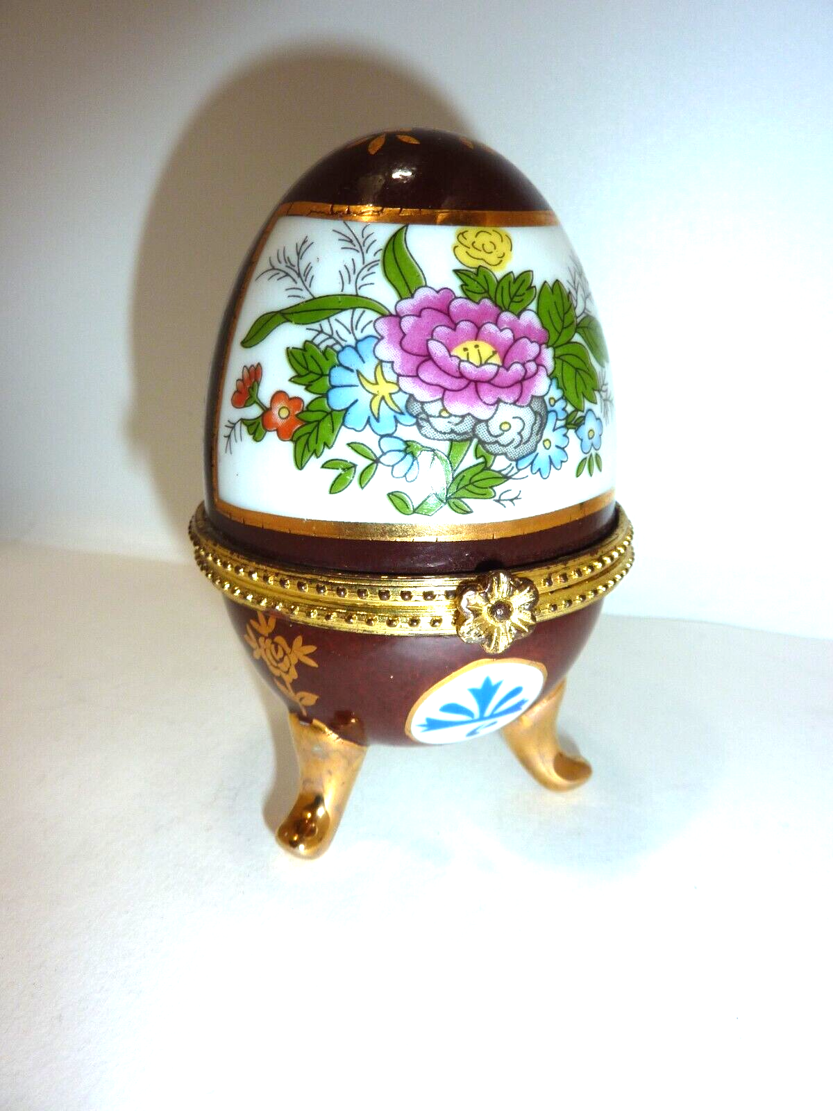 Vintage Porcelain Egg Trinket Box w Legs & Clasp Gold Trim Floral Hand Painted